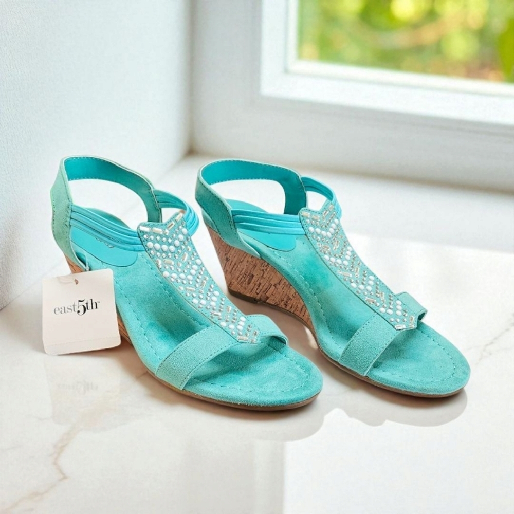 EAST 5TH Women's Turquoise Wedge Sparkle Rhinestone High Heel Sandal NIB Size 5M